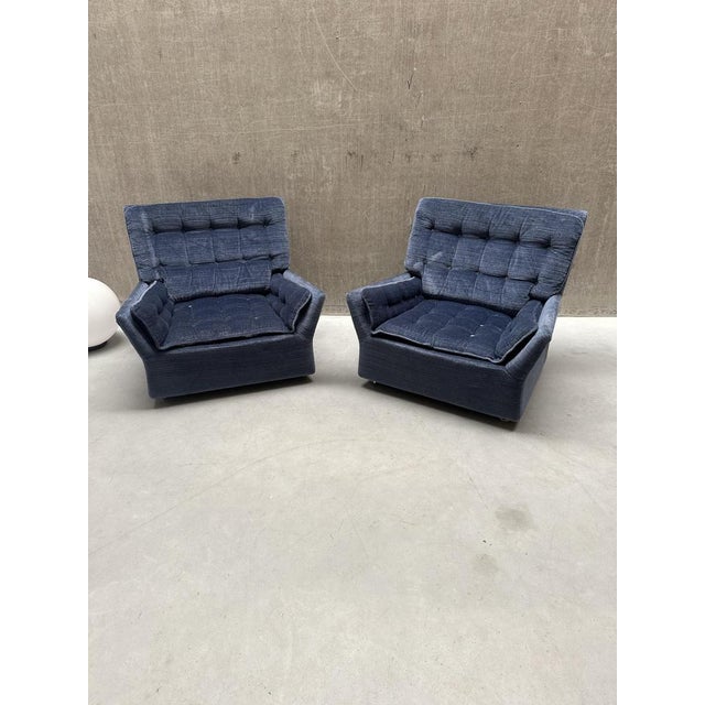 Mid-Century Modern Vintage Space Age Blue Lounge Chairs On Wheels, 1970s, Set of 2 For Sale - Image 3 of 9
