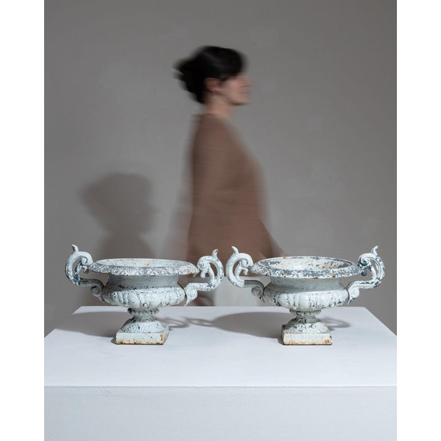 This garden urn makes its impression through white/gray weathered cast stone, ornate scroll foot. It was made in France...