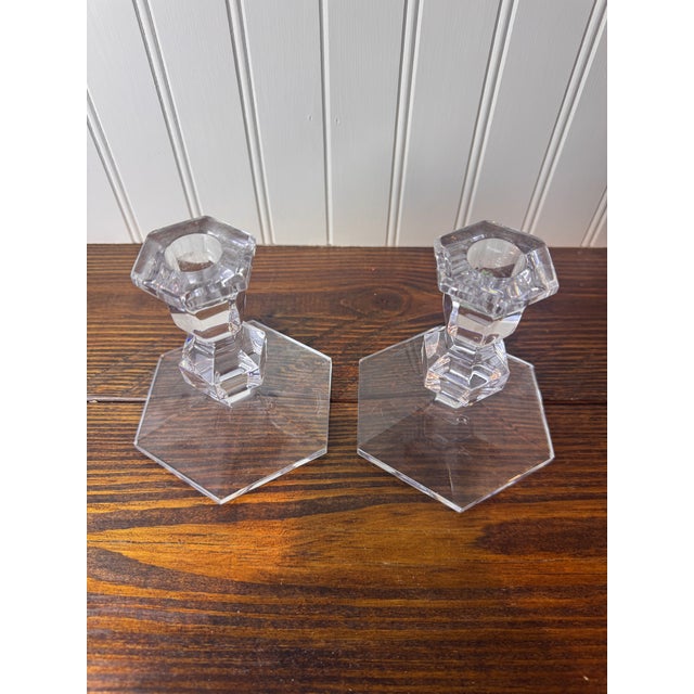 Val Saint-Lambert Signed Belgian Crystal Candlesticks, Pair, 5" Tall, Late 20th Century For Sale In Miami - Image 6 of 7