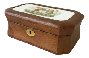 1890s French Leather Box with Ceramic Plaque of Children