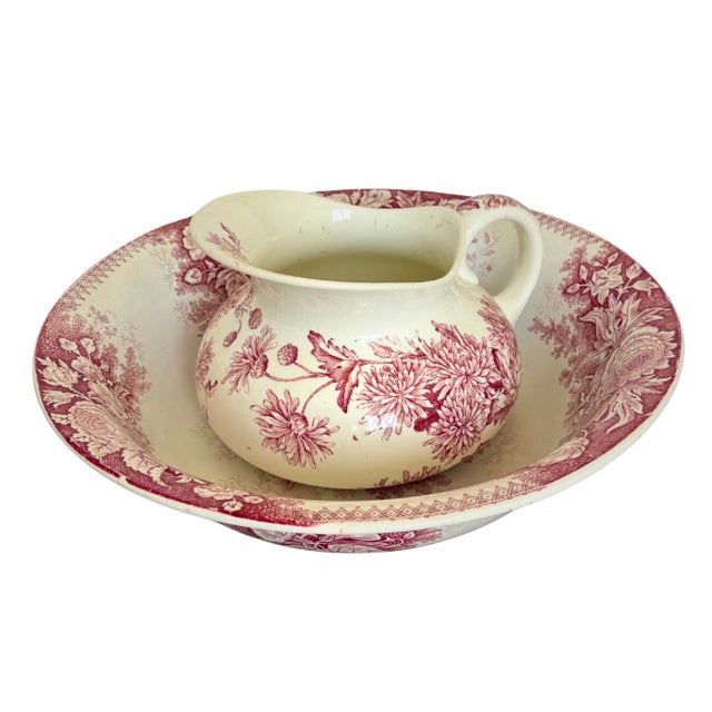 Antique French Pitcher & Bowl Set – Longwy & Sarreguemines, Red Transferware, Circa 1900 For Sale