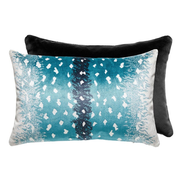 The House of Scalamandré Antelope / Velvet Lumbar Pillow, Peacock/black, 22 X 14 For Sale