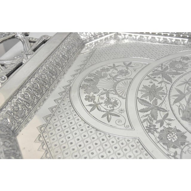 Antique Rogers Smith & Co Art Nouveau Large Silver Plated Crane Bird Etched Tray For Sale - Image 10 of 18
