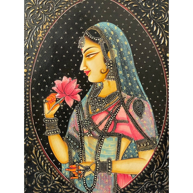Mid 20th Century Bani Thani Indian Mona Lisa Diptych Hand Painted Original Oil Painting 24x18” For Sale - Image 5 of 11