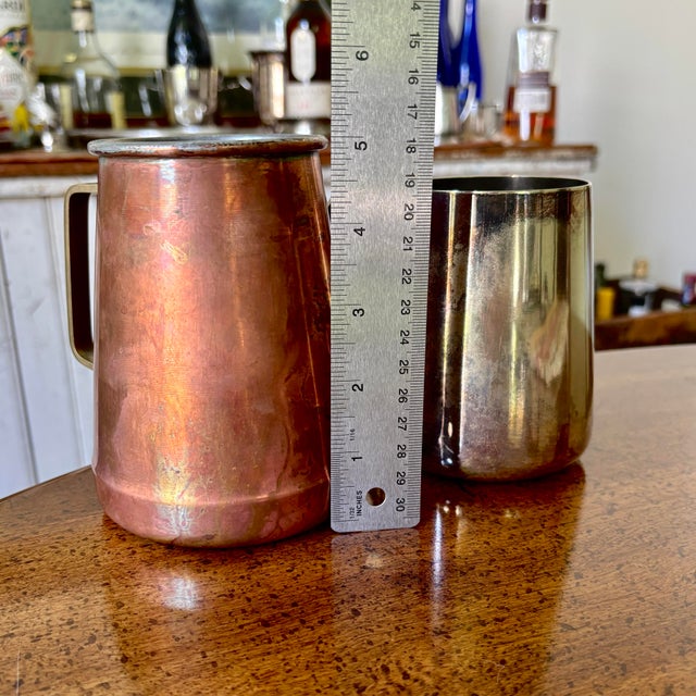 Copper Vintage Copper Mug & Silverplate Tankard Set – Copper Fire Patina-Tavern For Sale - Image 8 of 10