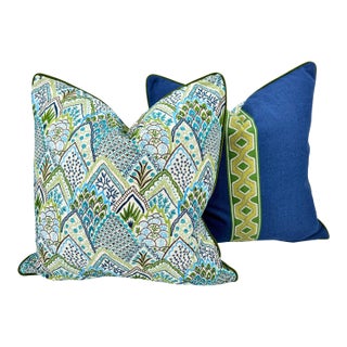 Schumacher Albizia Embroidery Fabric / Blue & Green Pillow Pair For Sale