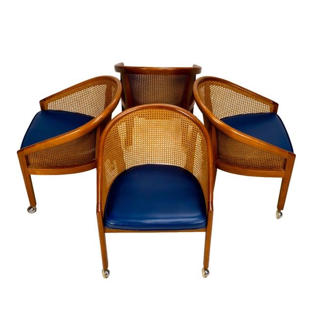 1970s Set of 4 Bent Oak & Cane Tub Chairs on Casters W/ Royal Blue Cushions in the Manner of Ward Bennett For Sale - Image 4 of 18