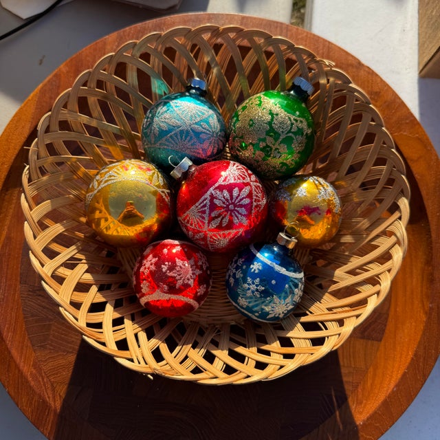 Glass Vintage Shiny Brite Ornaments With Mica Design- Set of 7 For Sale - Image 7 of 10