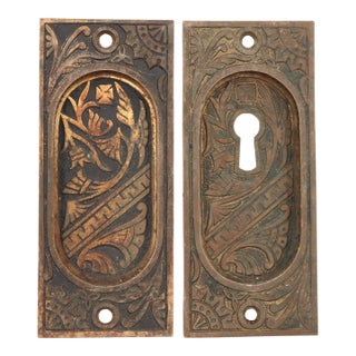 Pair of Antique 4.75 In. Eastlake Brass Pocket Door Pulls For Sale