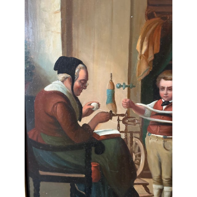Framed Oil on Board "Grandmother Teaching Grandson How to Knit", Mid-20th Century For Sale In Savannah - Image 6 of 7