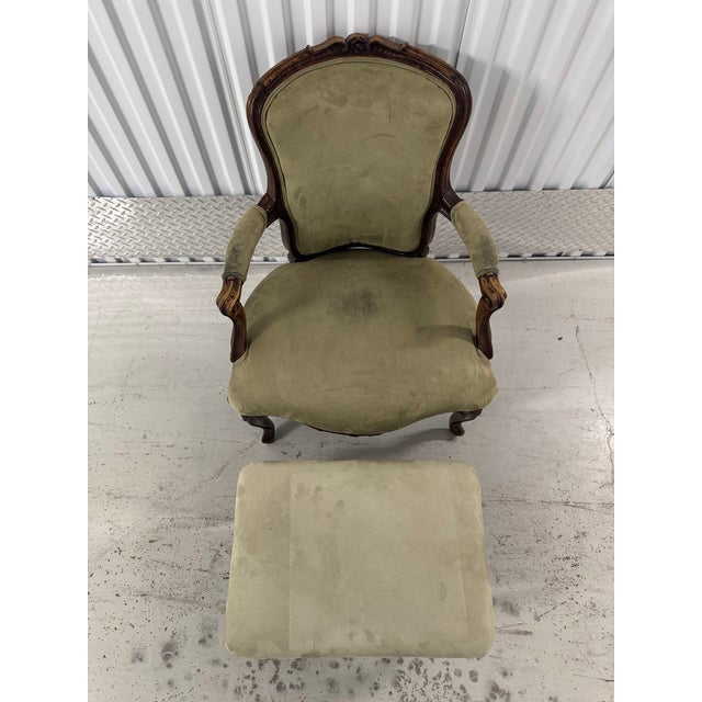 Late 19th Century Victorian Carved Walnut Armchair With Matching Ottoman For Sale - Image 17 of 18