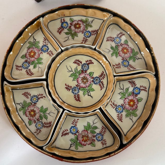 Vintage 7 Piece Japan Hand Painted Pre-War Japanese Hand-Painted Porcelain Condiment / Sushi Tray With Original Hand-Painted Wooden Box For Sale - Image 4 of 4