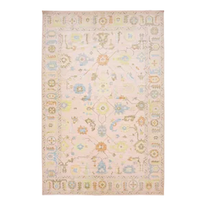 Pink Contemporary Oushak Style Wool Rug Handmade Features a Floral Design