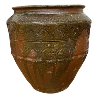 Rustic Brown Pottery Planter Jar with Pattern and Drip Glaze For Sale