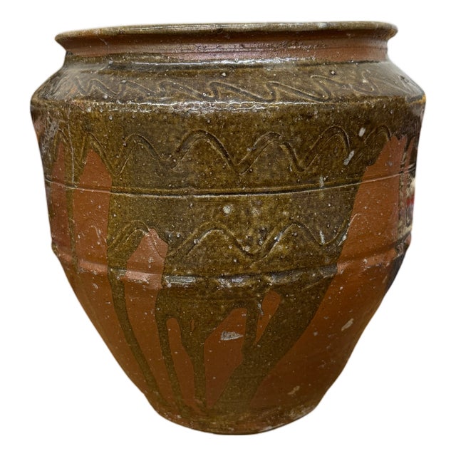Rustic Brown Pottery Planter Jar with Pattern and Drip Glaze For Sale