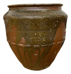 Rustic Brown Pottery Planter Jar with Pattern and Drip Glaze
