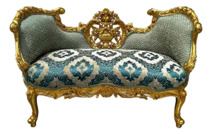 French Style Small Settee Gold Leaf Details Blue Damask Fabric