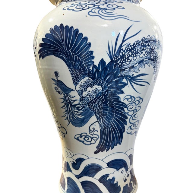 Ceramic Vintage Large Chinoiserie Blue& White Porcelain Ginger Jar Dragon & Phoenix 36" H For Sale - Image 7 of 11