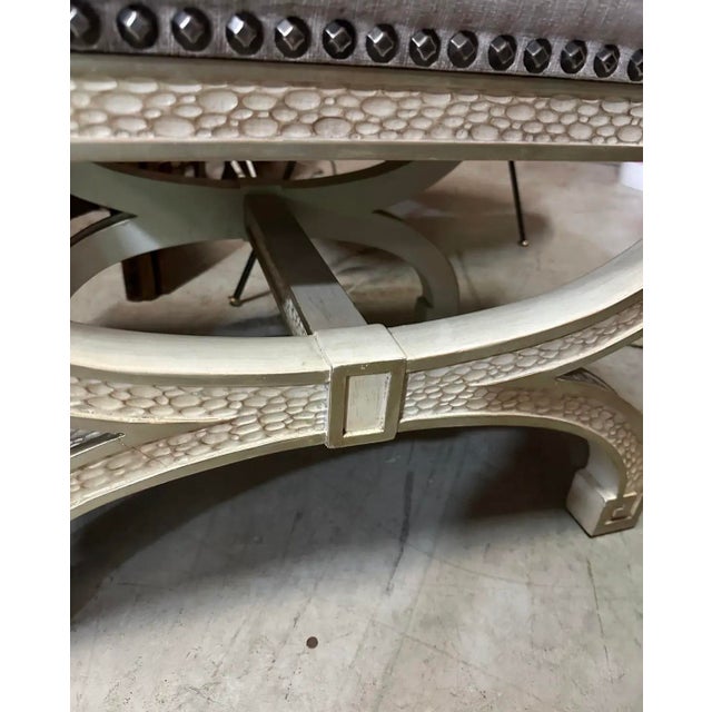Up for consideration is a beautiful vintage pair of purple velvet and white wooden ottomans. These would look lovely in...