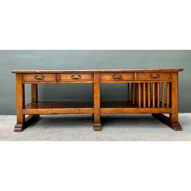 Farmhouse Vintage Monumental Rustic Wood and Marble Console Table For Sale - Image 3 of 18