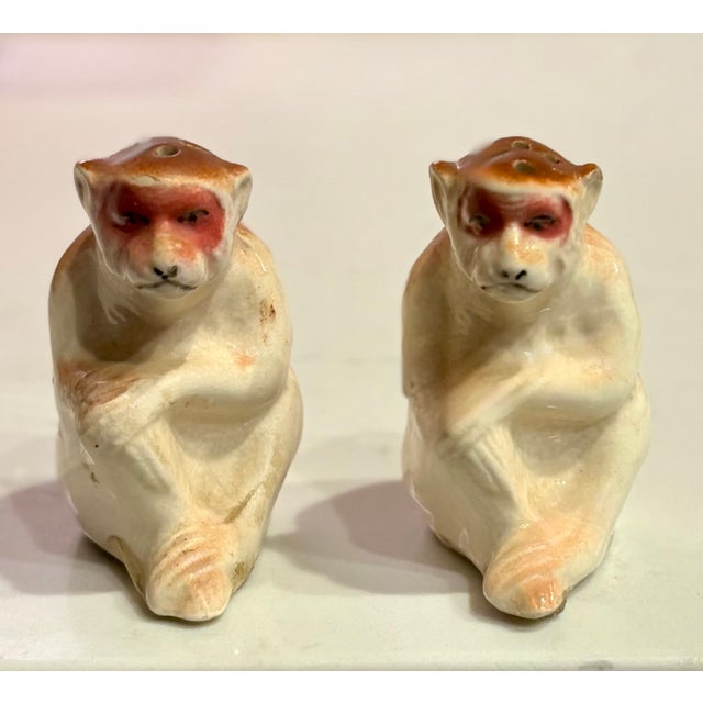 Ceramic Mid 20th Century Japanese Trompe-L’Oeil Japanese Porcelain Monkey Salt and Pepper Shakers - a Pair For Sale - Image 7 of 12
