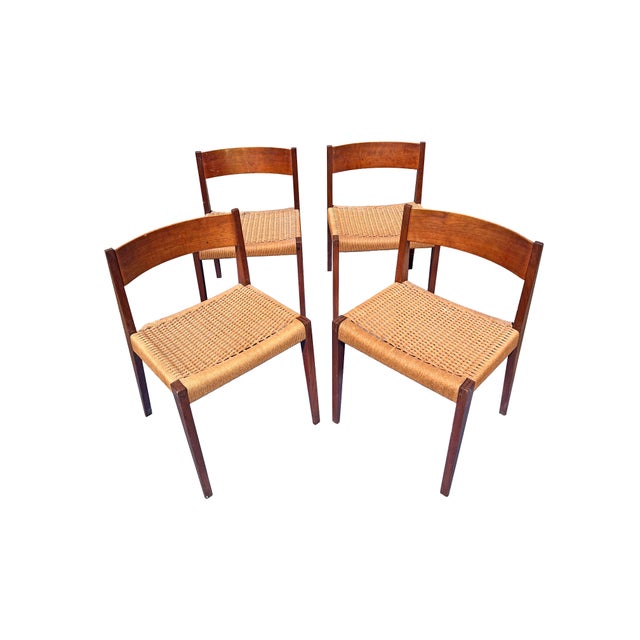 1960s Vintage Mid Century Modern Teak Danish Dinging Chairs With Rattan Paper Cord Rope Seating Set of 4 For Sale - Image 5 of 9