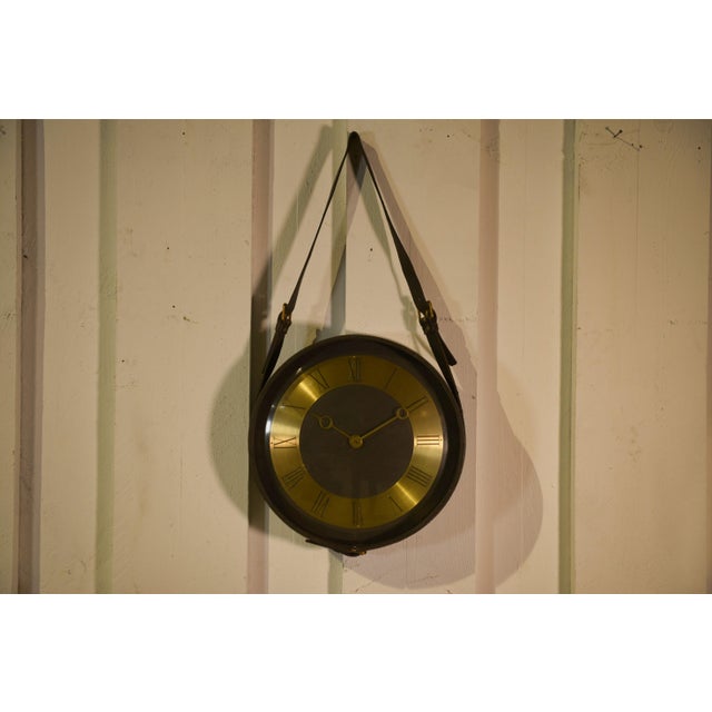 Black Leather and Brass Clock by Jacques Adnet, 1950s For Sale - Image 11 of 11