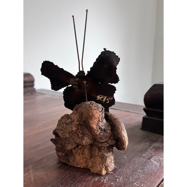 1960s Brutalist Butterfly Sculpture on Burlwood Base-Signed For Sale - Image 4 of 4