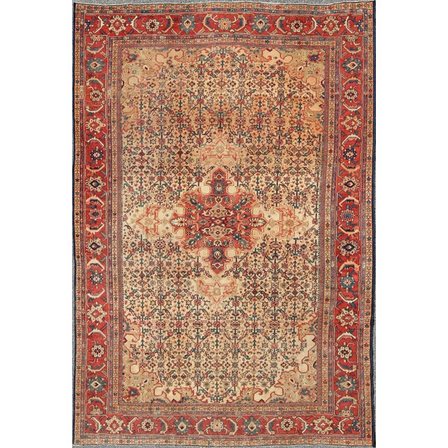 Red Antique Persian Sultanabad With Medallion in Yellow Cream, Blue Red and Green For Sale - Image 8 of 9