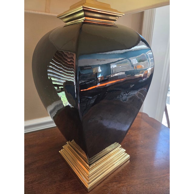 Vintage Brass and Black Porcelain Table Lamp For Sale - Image 4 of 11
