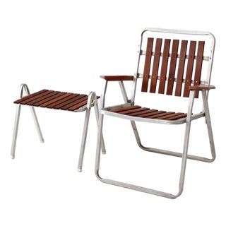 Mid-Century Aluminum & Wood Slat Chair With Side Table Set For Sale