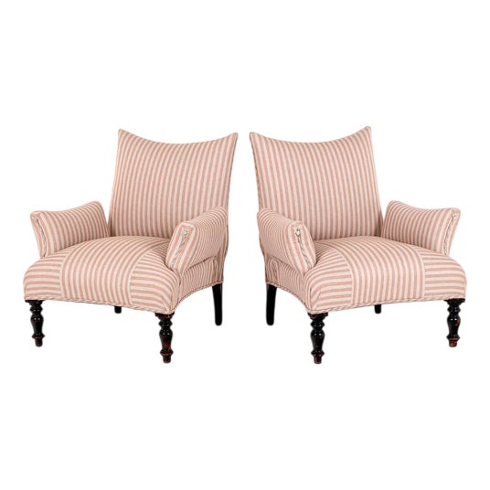 Set of French Armchairs in Pink Stripe Linen For Sale