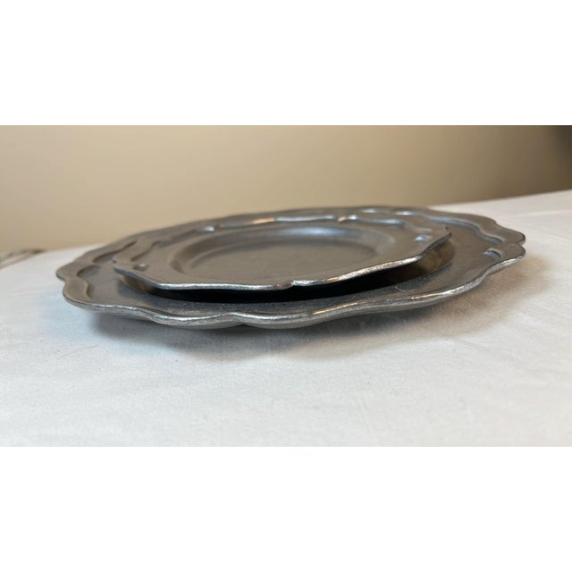 Vintage Pewter Like Charger Plate Set Scalloped Edge Pub Restaurant Ware For Sale - Image 4 of 8