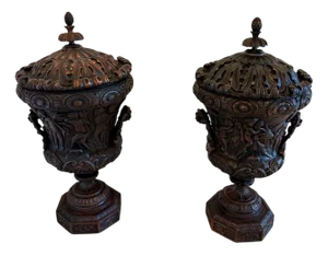 Large Antique Carved Mahogany Urns, 1880s, Set of 2