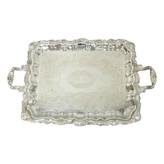 Vintage Sheridan English Victorian Silver Plated Footed Serving Platter Bar Tray For Sale