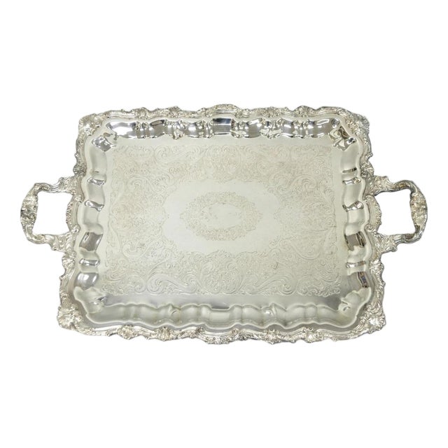 Vintage Sheridan English Victorian Silver Plated Footed Serving Platter Bar Tray For Sale