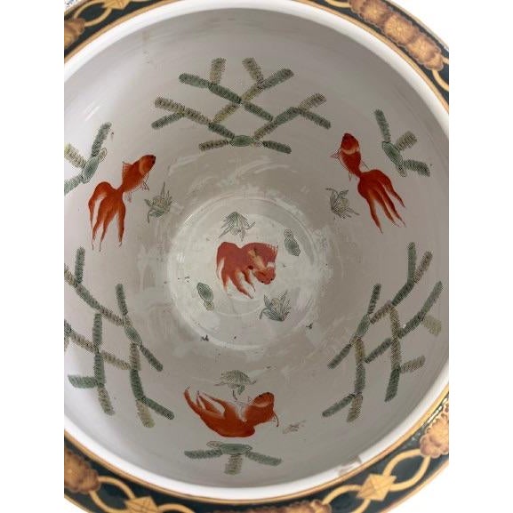 Traditional Vintage Oriental Accent Hand-Painted Asian Fishbowl Cachepot With Carved Hardwood Stand For Sale - Image 3 of 15