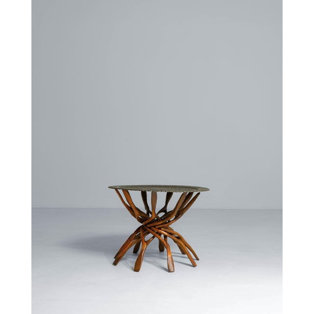 1960s 1960s African Hand-Carved Interlocking Wooden Table With Brass Top For Sale - Image 5 of 18