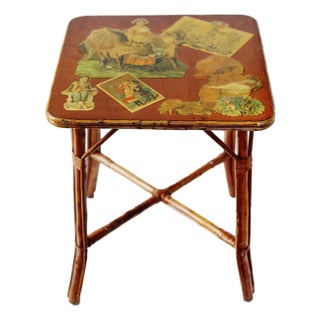 Bamboo Side Table With Decoupage Top For Sale