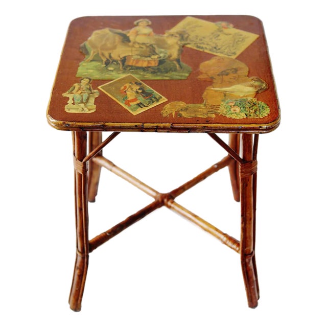 Vintage Bamboo Side Table With Decoupage Top For Sale