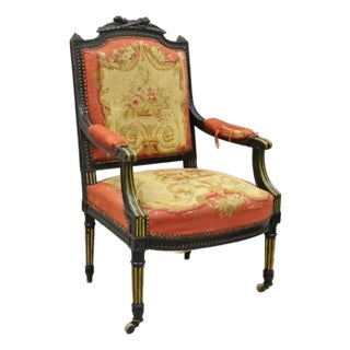 Antique French Empire Black Ebonized Walnut Needlepoint Parlor Arm Chair For Sale