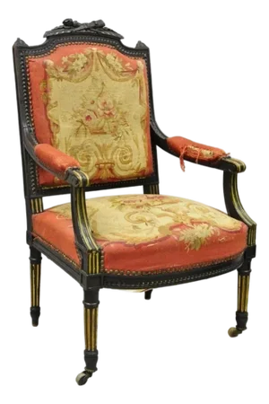 Antique French Empire Black Ebonized Walnut Needlepoint Parlor Arm Chair