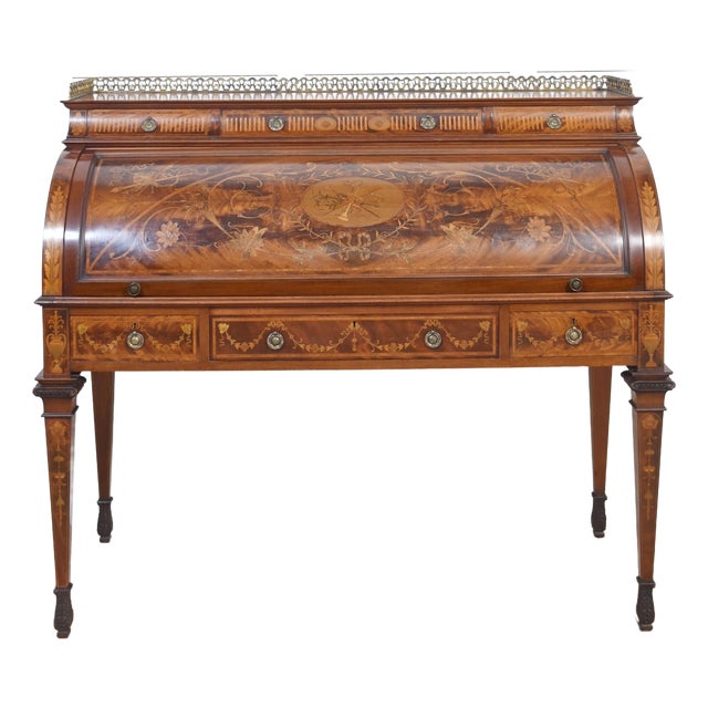 Sheraton Revival Marquetry Inlaid Cylinder Desk For Sale