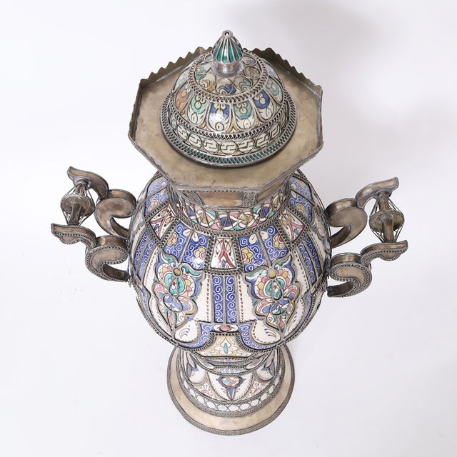 Moroccan Large Moroccan Earthenware and Metal Lidded Urn For Sale - Image 3 of 11