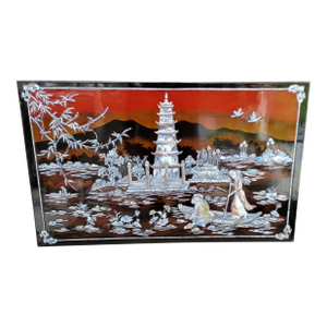 Wall Plaque Pagoda With Mother of Pearl & Lacquer Vietnamese 1970's