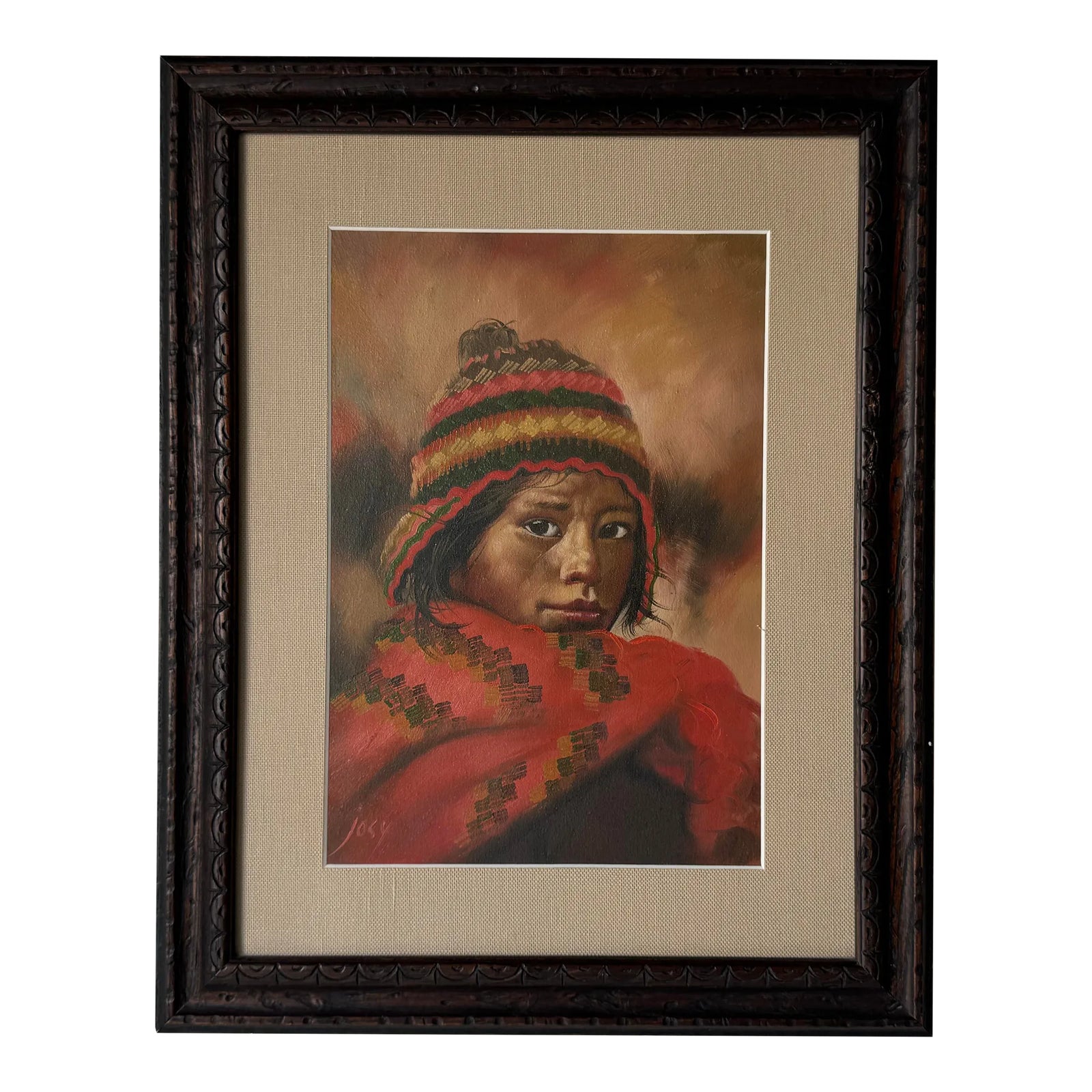 1990's Josy Peruvian Portrait of Andean Child Oil Painting, Framed ...