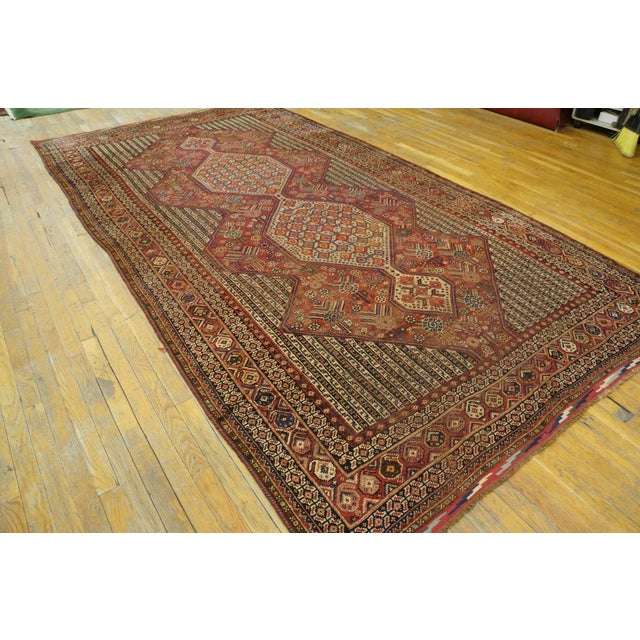Tribal 1900s Ivory Red Geometric Tribal Antique Persian Ghashgaie Gallery Rug 6'3" X 11'8" Handknotted Wool Carpet For Sale - Image 3 of 11