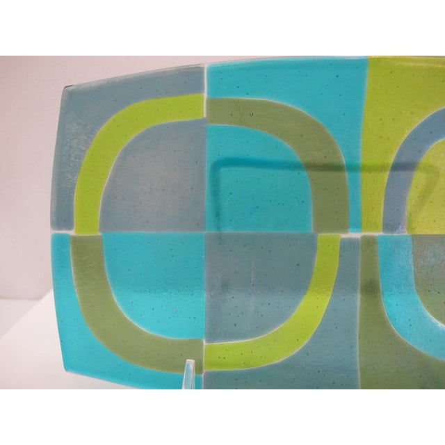 Shepardson studio contemporary art glass tray. Mid-century modern style fused glass with vibrant geometric, op art pattern...