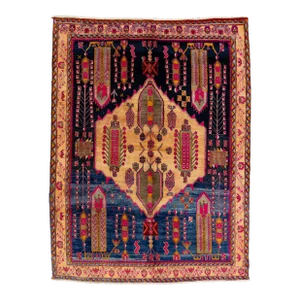 Vintage Shiraz Persian Wool Rug in Blue and Tan Allover Motif
