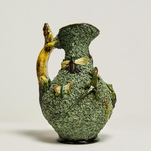Victorian Antique Portuguese Palissy Majolica Pitcher With Lizards and Bugs For Sale - Image 3 of 14